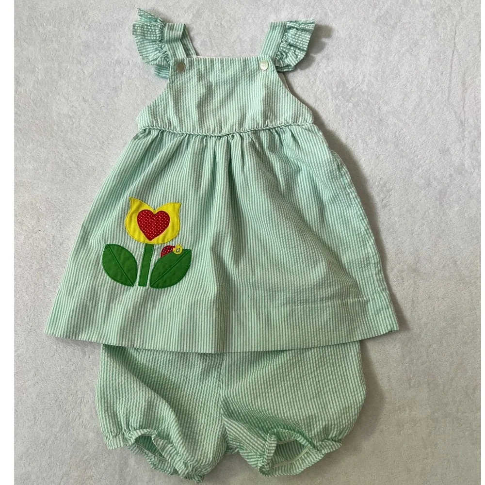 Seersucker Dress with Bloomer Set Green Striped Tulip Applique Kids Size 18-24M